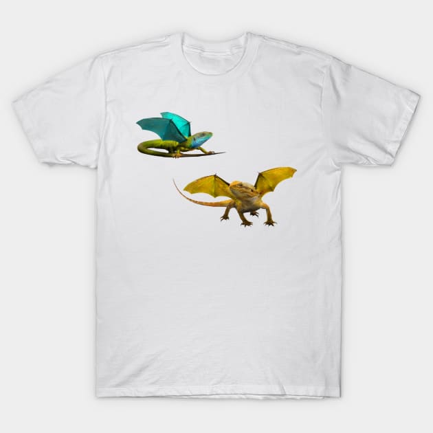 Yellow and Blue Dragon on Chartreuse T-Shirt by Elizabeths-Arts